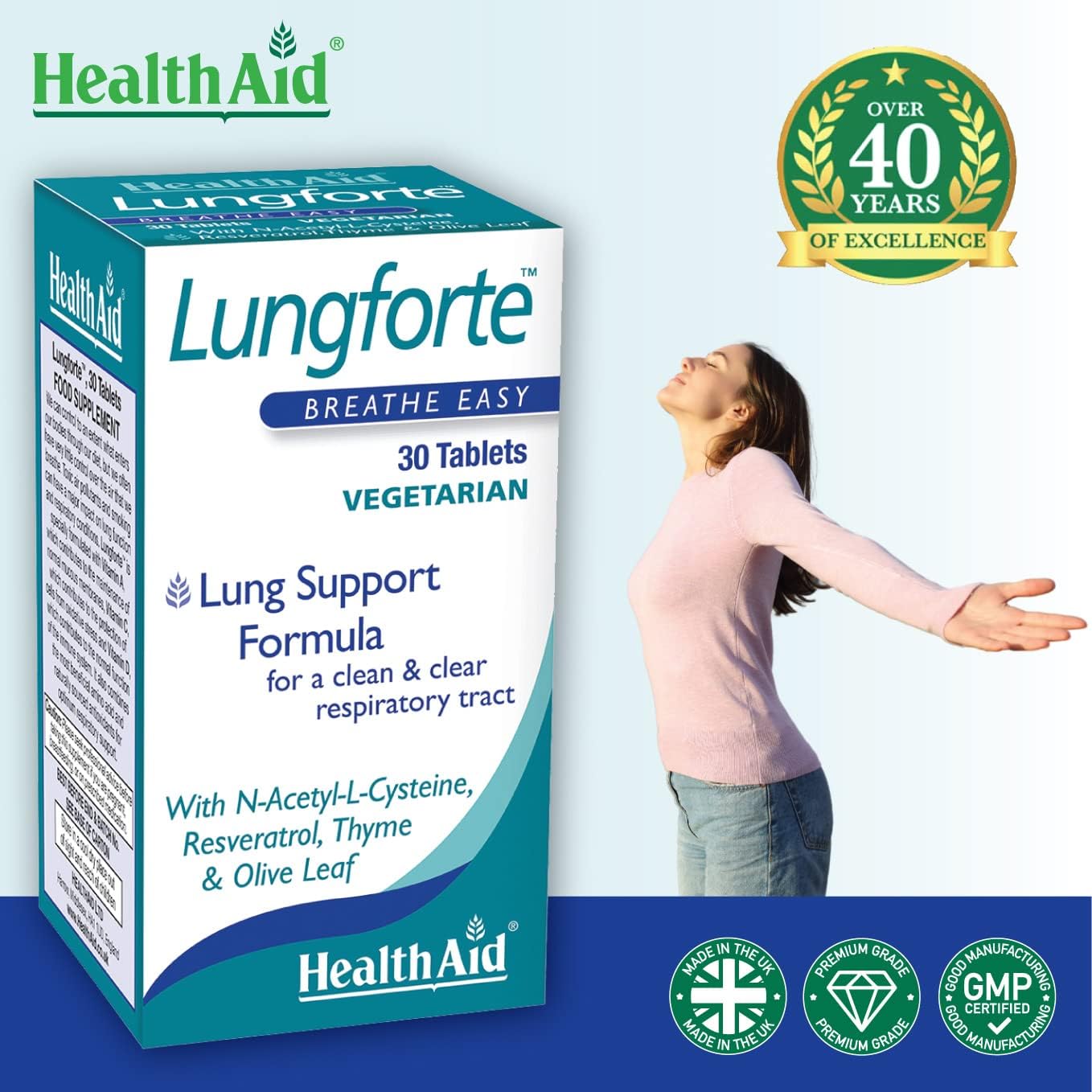 HealthAid LungForte 30 Tablets – Daily Antioxidant Lung Support with NAC, Resveratrol, Olive Leaf, Thyme & Vitamins A, C & D3 – Vegetarian, Non‑GMO - dailyvitalstore