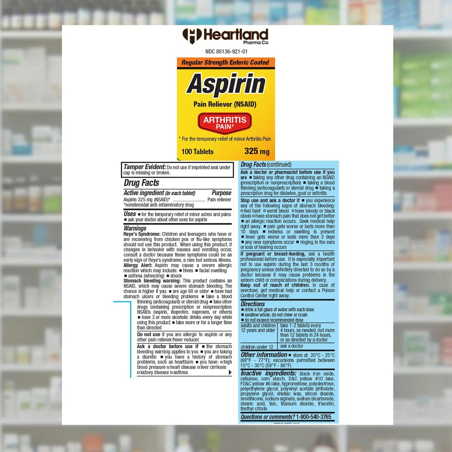 Heartland Pharma Aspirin 325mg Enteric Coated Tablets | Original Strength NSAID Pain Reliever & Fever Reducer | Joint Pain Relief for Arthritis | Child-Resistant Safety Cap | Made in USA | 100 Count - dailyvitalstore