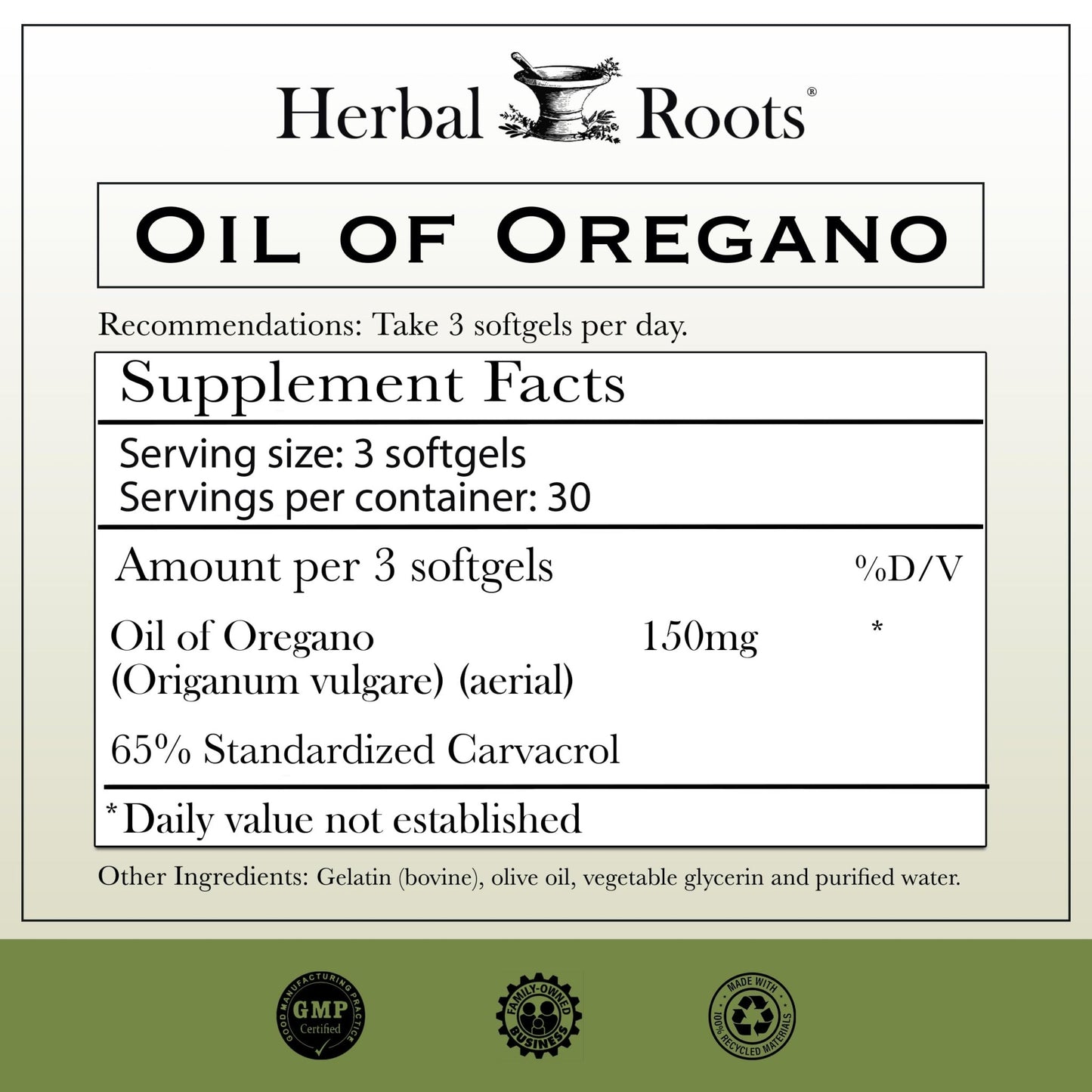 Herbal Roots Oil of Oregano - Made from Mediterranean Oregano Oil - 90 Easy to Swallow Softgel Capsules - Extra Strength 150mg - dailyvitalstore