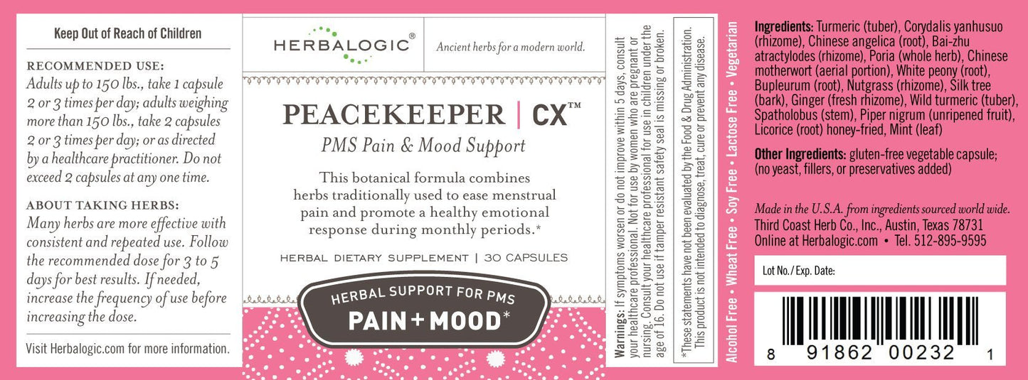 Herbalogic - Peacekeeper CX Herb Capsules - Reduces PMS Related Mood Swings - Reduces Cramps & Pain Associated with Monthly Periods - Contains Turmeric & Corydalis - 30 Cap Count - dailyvitalstore