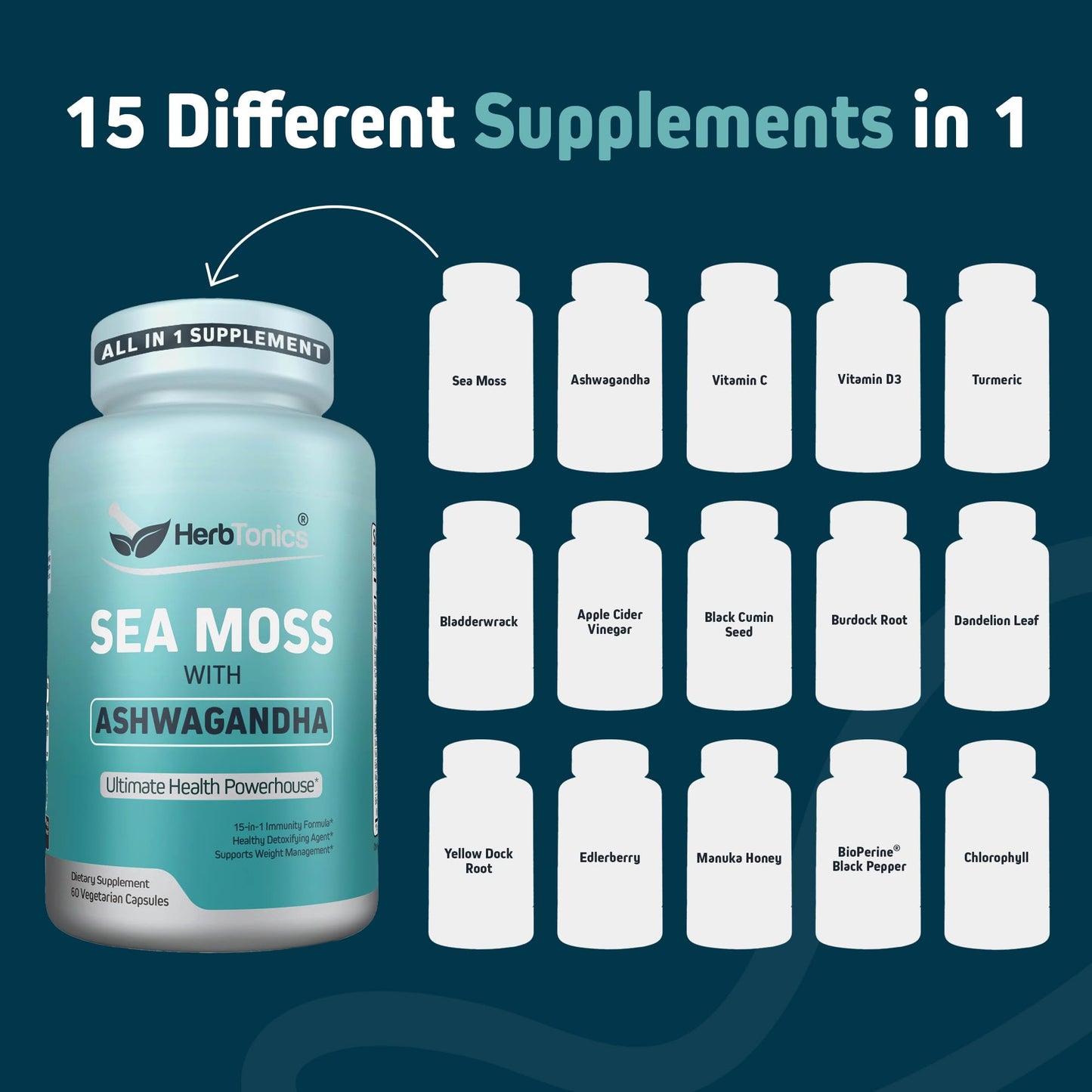 Herbtonics Sea Moss, Black Cumin Seed, Ashwagandha, Burdock Root & ACV Complex | Manage Immunity, Stress & Digestion Support | 60 Capsules (2 Capsules Per Serving) - dailyvitalstore