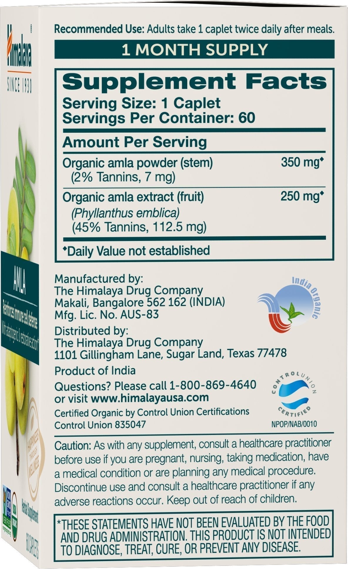 Himalaya Organic Amla - Herbal Immune Support Supplement with Adaptogen and Antioxidant - USDA Organic, Vegan, Non-GMO, Gluten Free, 600 mg, 60 Caplets - dailyvitalstore