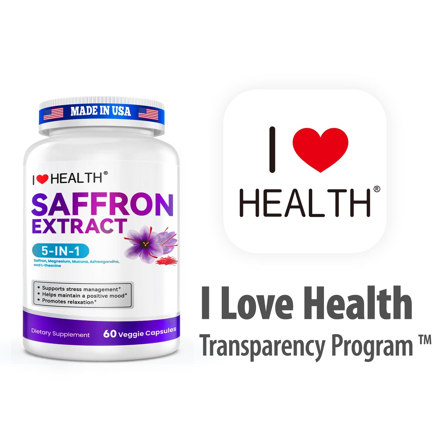 I LOVE HEALTH Saffron Supplement – 88.5mg with Magnesium Glycinate, Ashwagandha & L-Theanine for Stress Relief, Calm Mood & Emotional Balance – Made in USA – 60 Capsules - dailyvitalstore