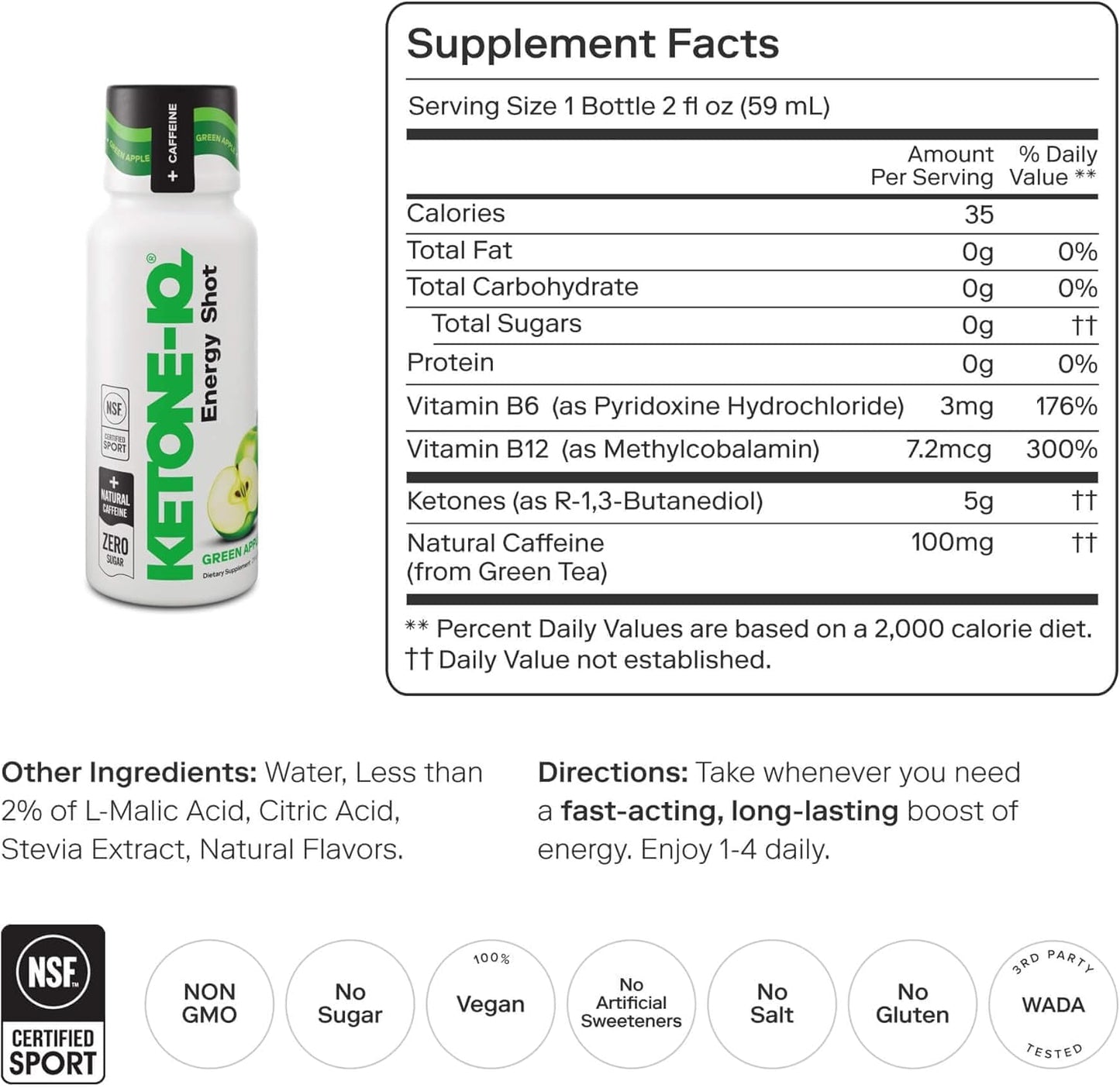 Ketone-IQ Caffeine Performance Energy Shots – Clean Energy for Focus & Endurance, 5g Ketones, 100mg Green Tea Caffeine, B Vitamins, 12 Pack (Green Apple) - dailyvitalstore