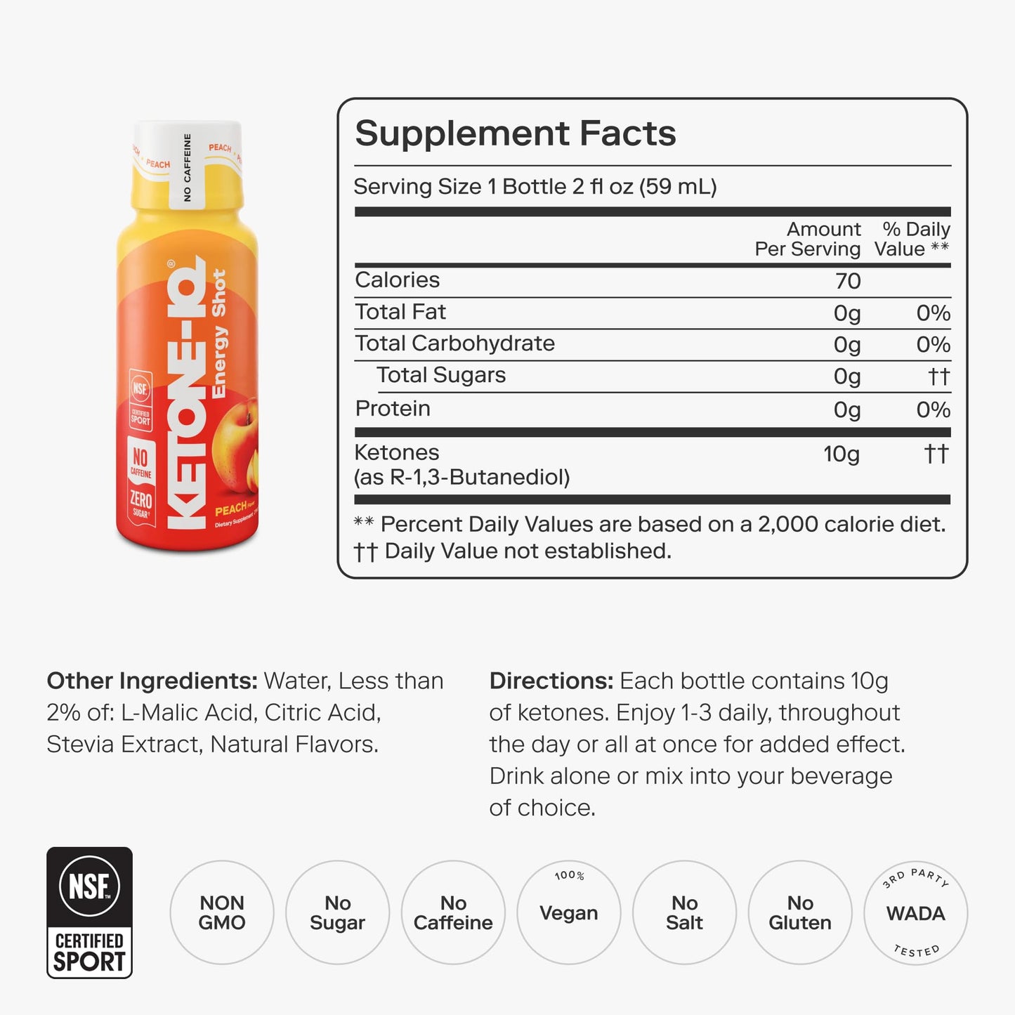 Ketone-IQ No Caffeine Performance Energy Shots – Ketone Fuel for Focus & Endurance, Metabolism Support, 10g Ketones, 24 Pack (Peach) - dailyvitalstore