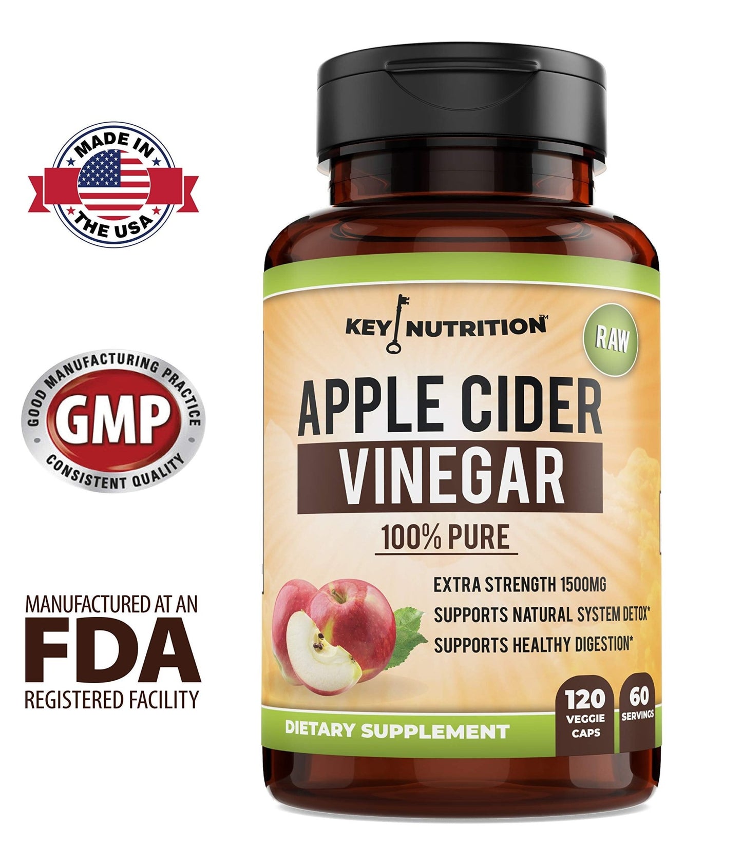 Key Nutrition Apple Cider Vinegar 1500mg, 100% Organic, Pure & Raw - Healthy Digestion & Detox Support - 60 Day Supply - dailyvitalstore