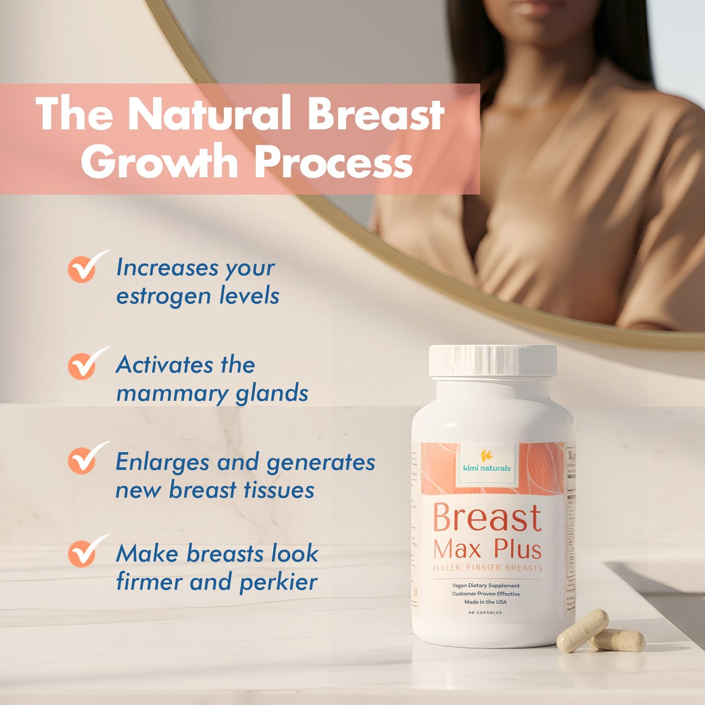 KIMI Naturals Breast Max Plus - Breast Enhancement Pills | Breast Enlargement Supplements with Fenugreek, Breast Growth, Supports Breast Firmness | 90 Capsules - dailyvitalstore