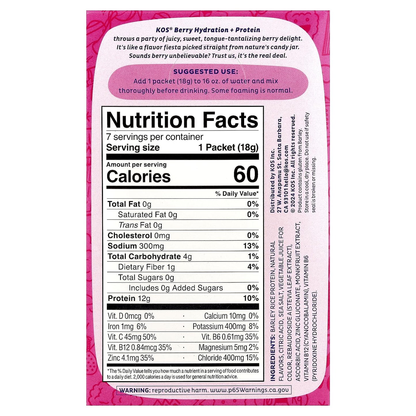 Kos Berry Hydration Protein 7ct, 0.65 OZ - dailyvitalstore