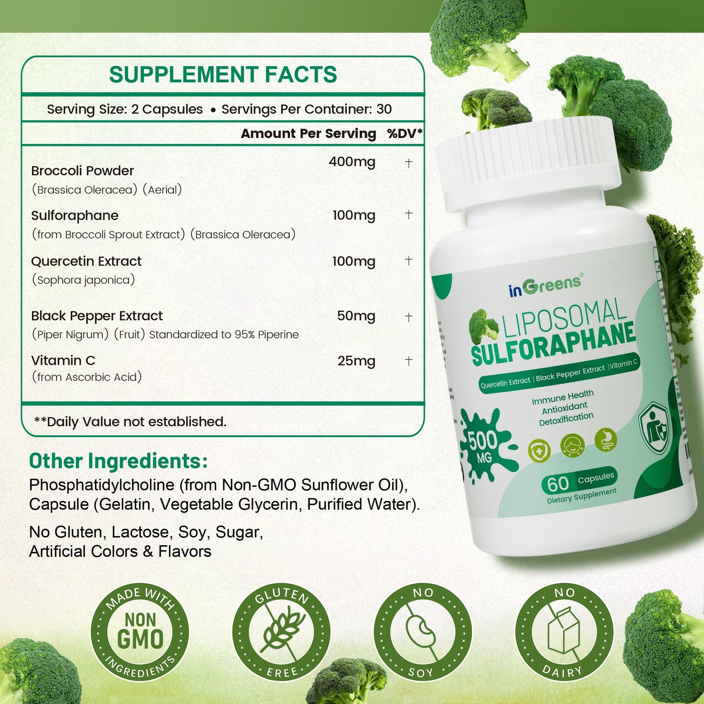 Liposomal Sulforaphane 500mg Supplement from Broccoli Extract with Quercetin, Black Pepper & Vitamin C – Antioxidant, Detox & Cellular Support, Cellular Health Formula for Men & Women, 60 Capsules - dailyvitalstore