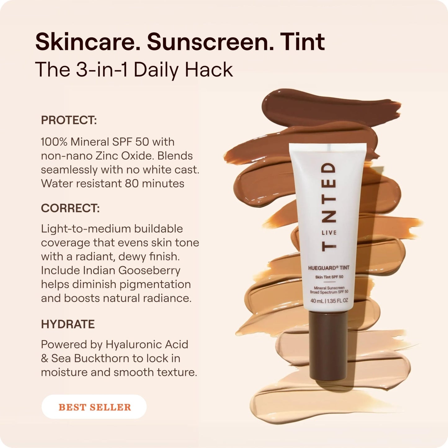 Live Tinted Hueguard Skin Tint SPF 50 - Tinted Mineral Sunscreen with Light-Medium Buildable Coverage With a Hydrating and Radiant Finish - Water and Sweat Resistant, 1.35 fl oz - Shade 10 - dailyvitalstore