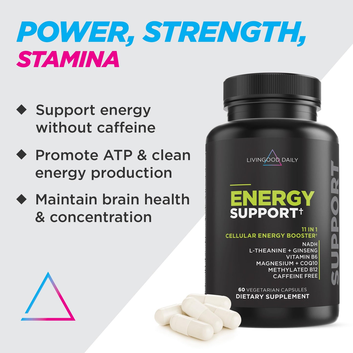Livingood Daily Energy Support, 11-in-1 Supplement with Magnesium, Vitamin B6, B12, Amino Acids, L Carnitine, CoQ10, Ginseng & L Theanine, Supports Natural Energy for Men & Women, Vegan, 60 Capsules - dailyvitalstore