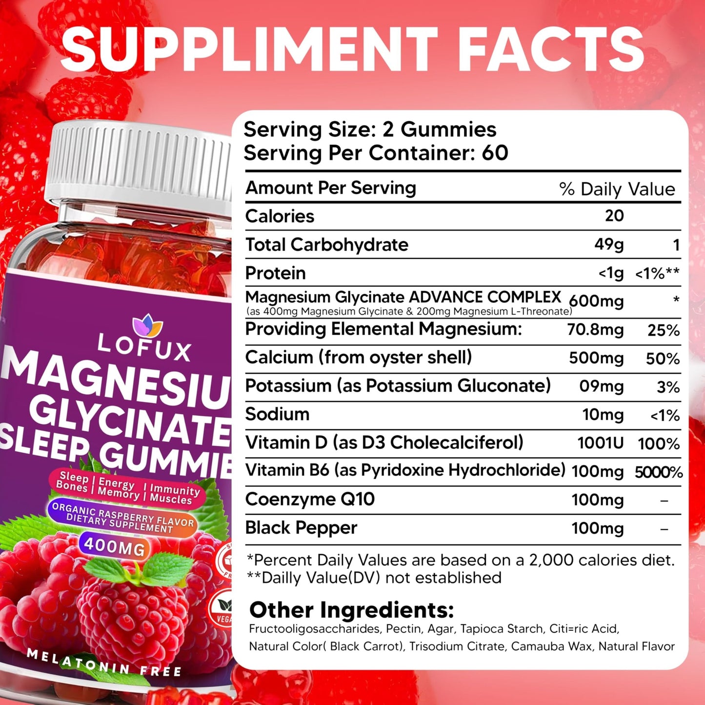 Lofux Magnesium Glycinate Gummies 400mg, Sugar Free Magnesium Gummies for Adults Women, Men, Chewable Supplement Gummy with L-Threonate, Vitamin D, B6, CoQ10 - for Calm, Sleep, Body Relaxation, 120 Ct - dailyvitalstore