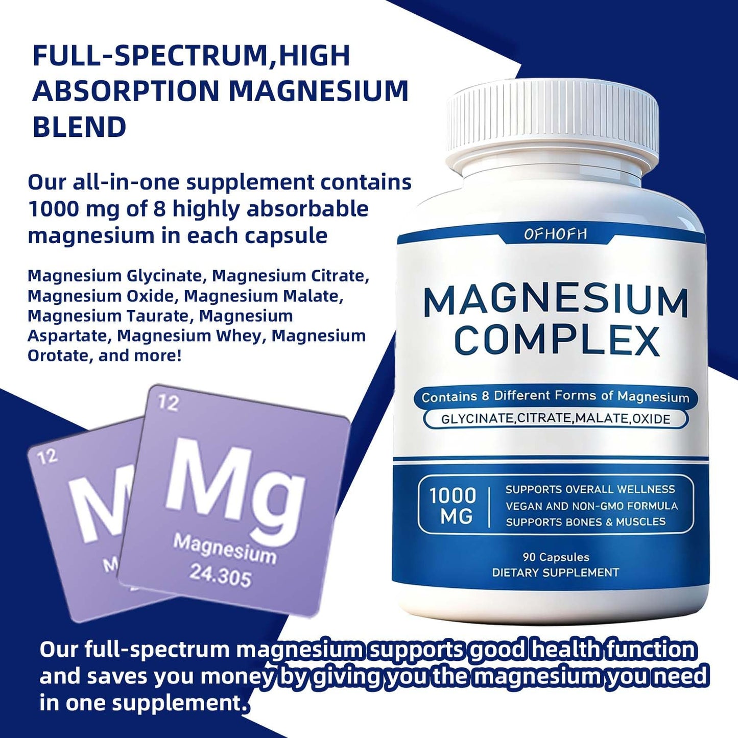 Magnesium Complex Supplement 8 Elemental - Magnesium Glycinate, Citrate, Malate, Oxide | Easy Absorption for Bones, Muscle, Energy, Vegan, Non-GMO 90 Capsules (1pc) - dailyvitalstore