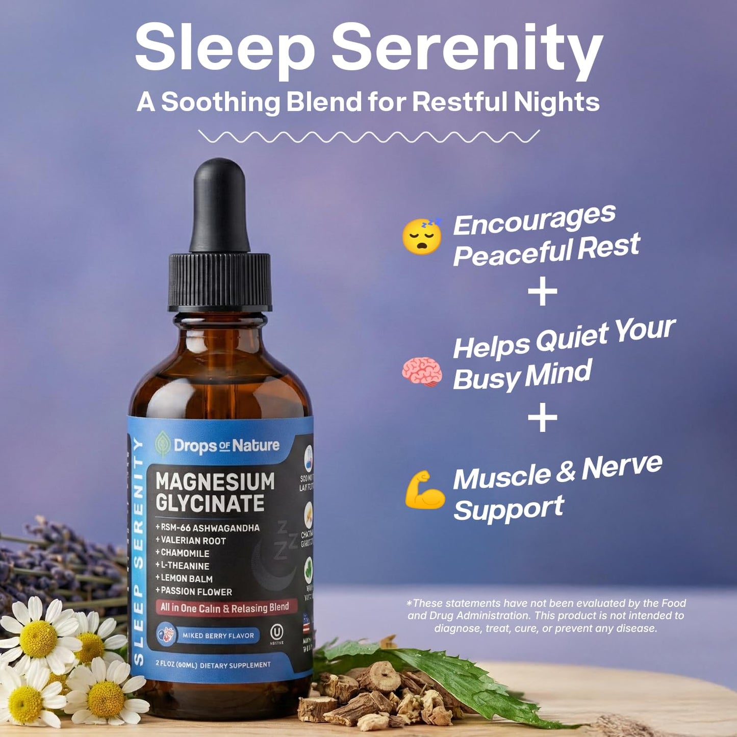Magnesium Glycinate & Ashwagandha Liquid Drops with Valerian Root, Chamomile, Passion Flower, Lemon Balm & L-Theanine - Vegan Fast Absorption - Supplement for Wellness & Relaxation (Mixed Berry, 60mL) - dailyvitalstore