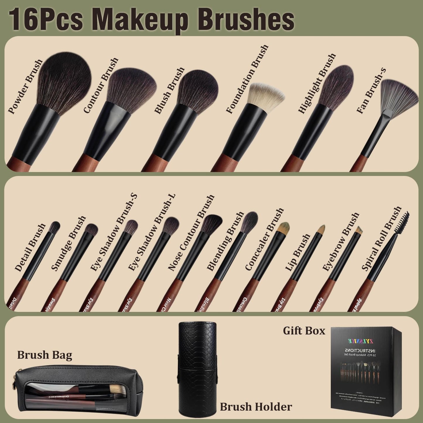 Makeup Brushes 16 Pcs Makeup Brush Set Professional, Wood Handle Travel Make Up Brushes Set with Case, Premium Cruelty-Free Synthetic Fiber Hair Makeup Brush Kit with Holder - dailyvitalstore