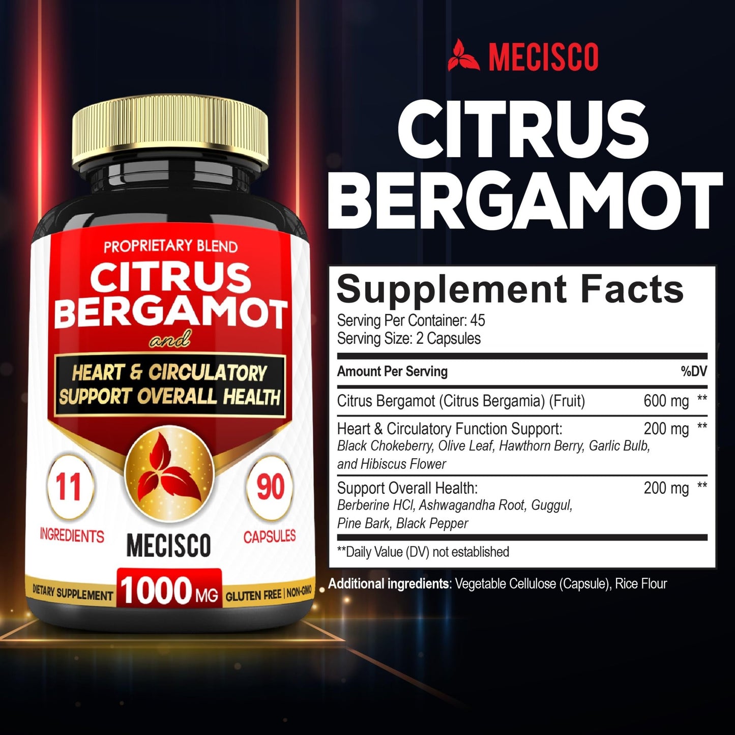 Mecisco 11 in 1 Citrus Bergamot Supplement 1000mg with Black Chokeberry, Berberine HCl & More - 90 Capsules - Supports Heart Health, Immune System, Energy Production - dailyvitalstore