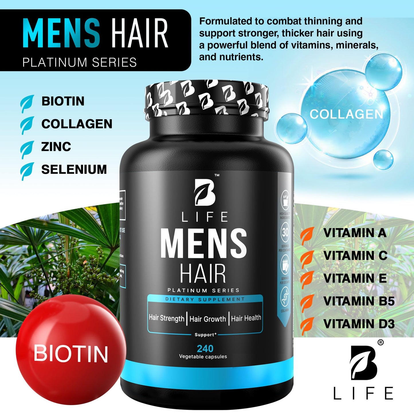 Men’s Hair Growth Supplement – Biotin & Collagen Hair Vitamins for Men – Thicker, Fuller Hair, Nail & Scalp Support – Hair Loss Supplement with Zinc, Selenium & Vitamins A C D E – 240 Capsules - dailyvitalstore