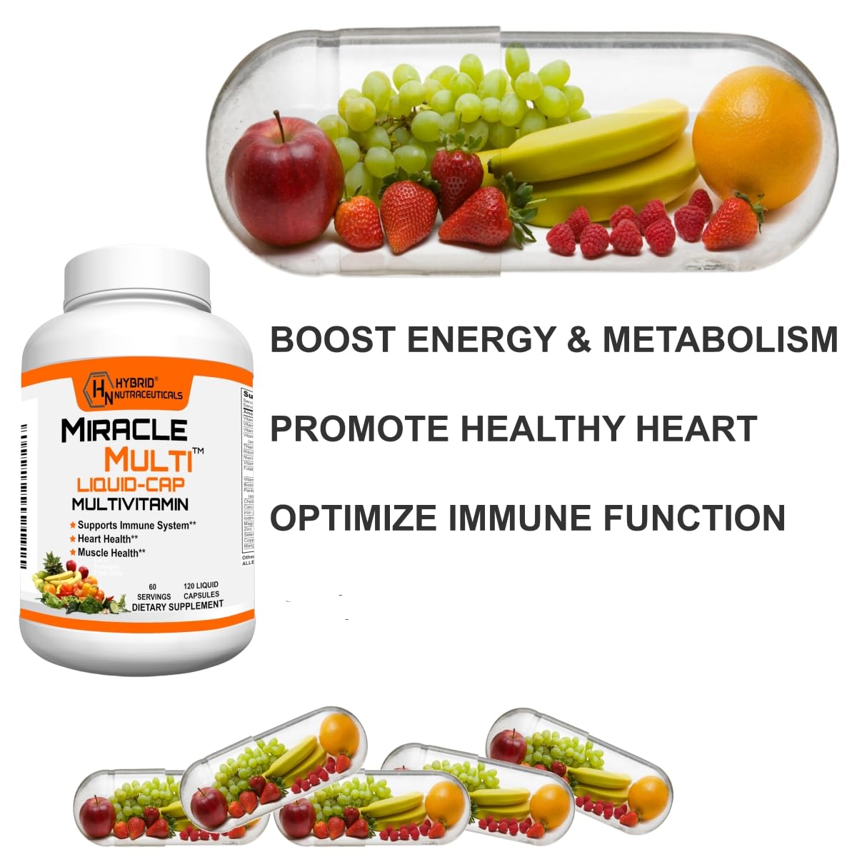 MiracleMulti Liquid Multivitamin Capsules for Men & Women - Complete Whole Food Blend Daily Vitamin & Mineral Supplement with CoQ10, B12, 42 Superfood Enzyme - 120 Softgels - dailyvitalstore