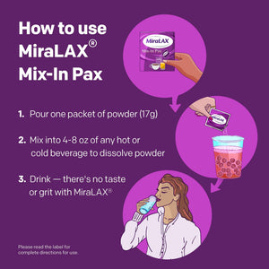 MiraLAX Laxative Powder for Gentle Constipation Relief for Adults, Stool Softener with PEG 3350, Nonstimulant Laxative, No Harsh Side Effects, Single Dose Mix-in Pax, Travel Pack, 40 Doses - dailyvitalstore