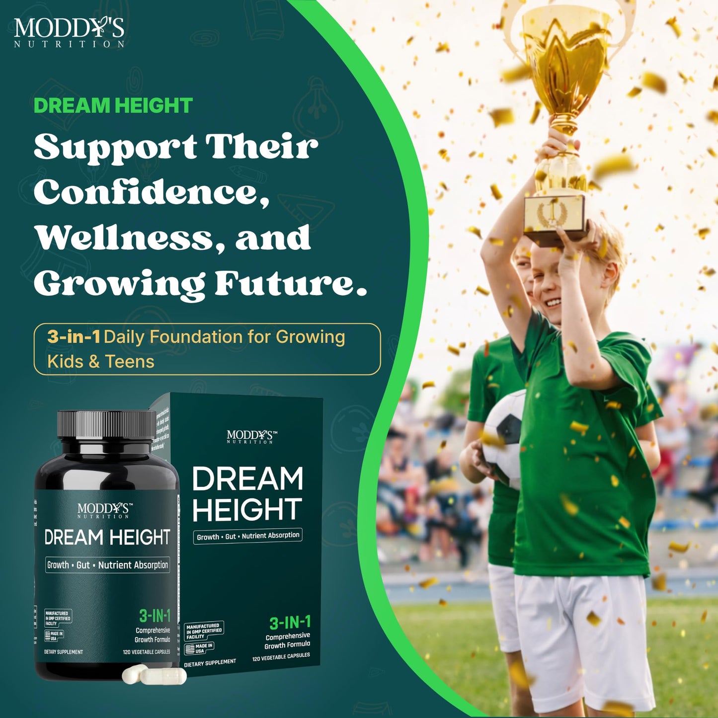 Moddy's Nutrition DreamHeight Growth Supplement for Kids & Teens, Bone, Immune & Sleep Support, Clinically Studied Formula, 120 Small Easy-to-Swallow Capsules - dailyvitalstore