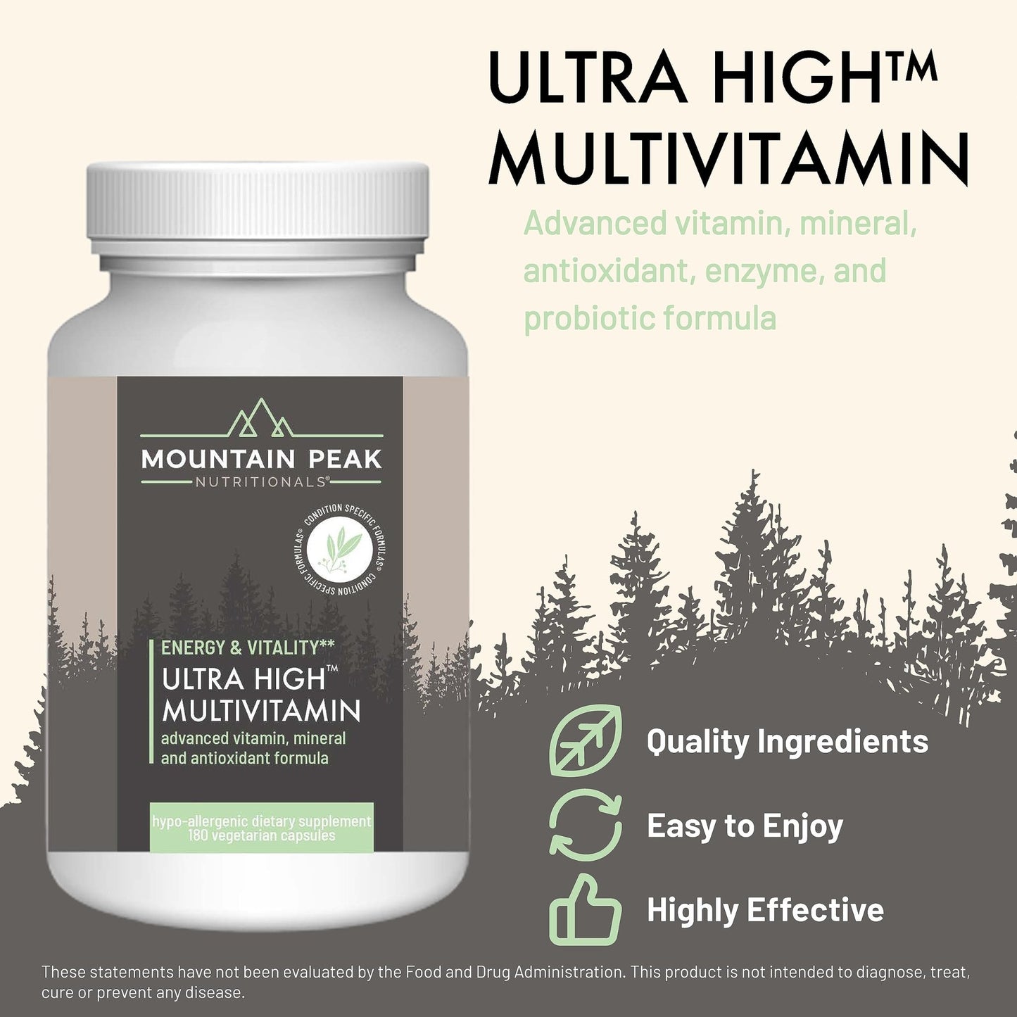 Mountain Peak Nutritionals Ultra High Multivitamin for Men & Women - with Vitamins A, B12, B6, C, D, E, Magnesium, Zinc, Folic Acid, Digestive Enzymes & Probiotics (180 Vegetarian Capsules) - dailyvitalstore