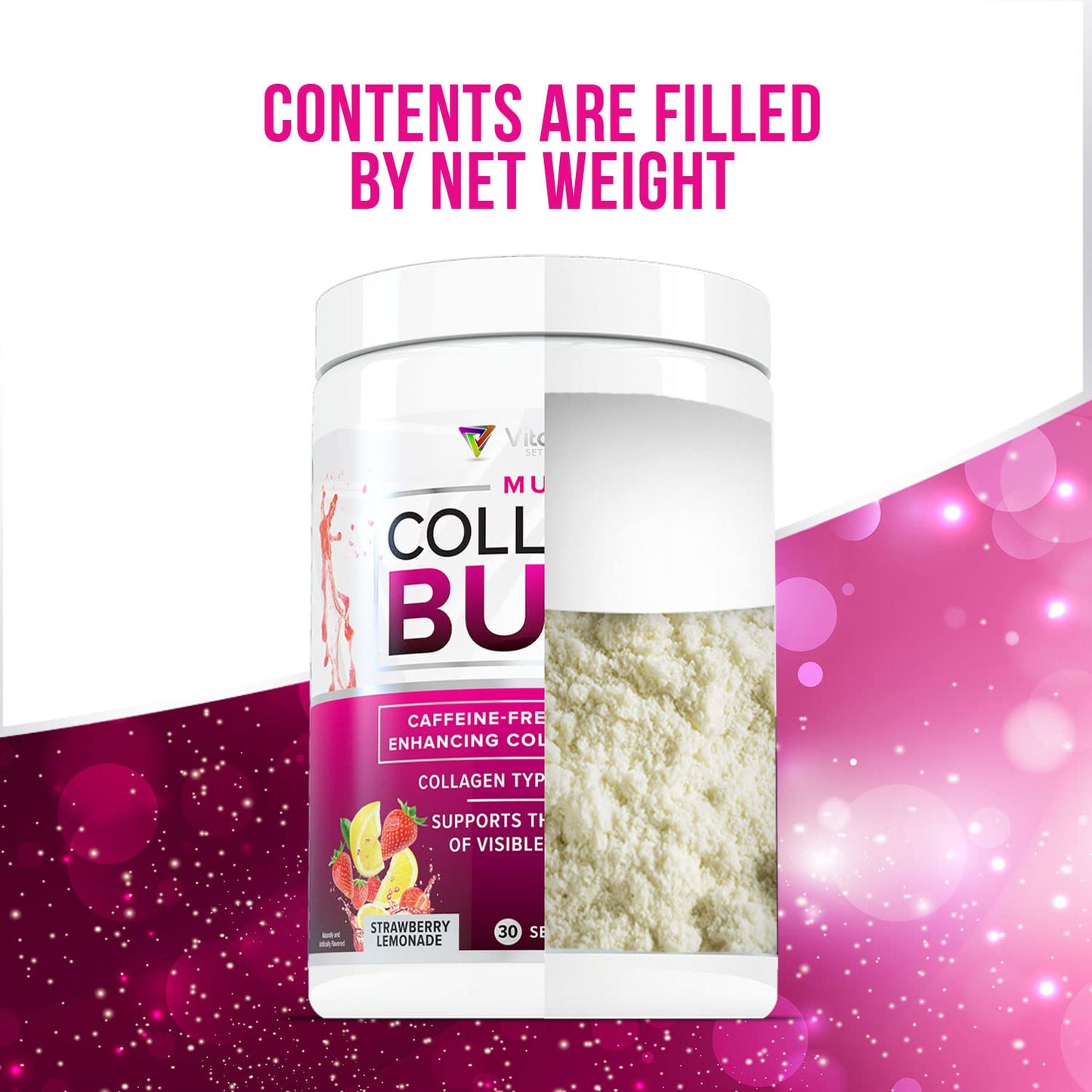Multi Collagen Burn: Hydrolyzed Protein Peptides with Hyaluronic Acid, Vitamin C, SOD B Dimpless, Types I, II, III, V and X, Caffeine-Free Strawberry - dailyvitalstore