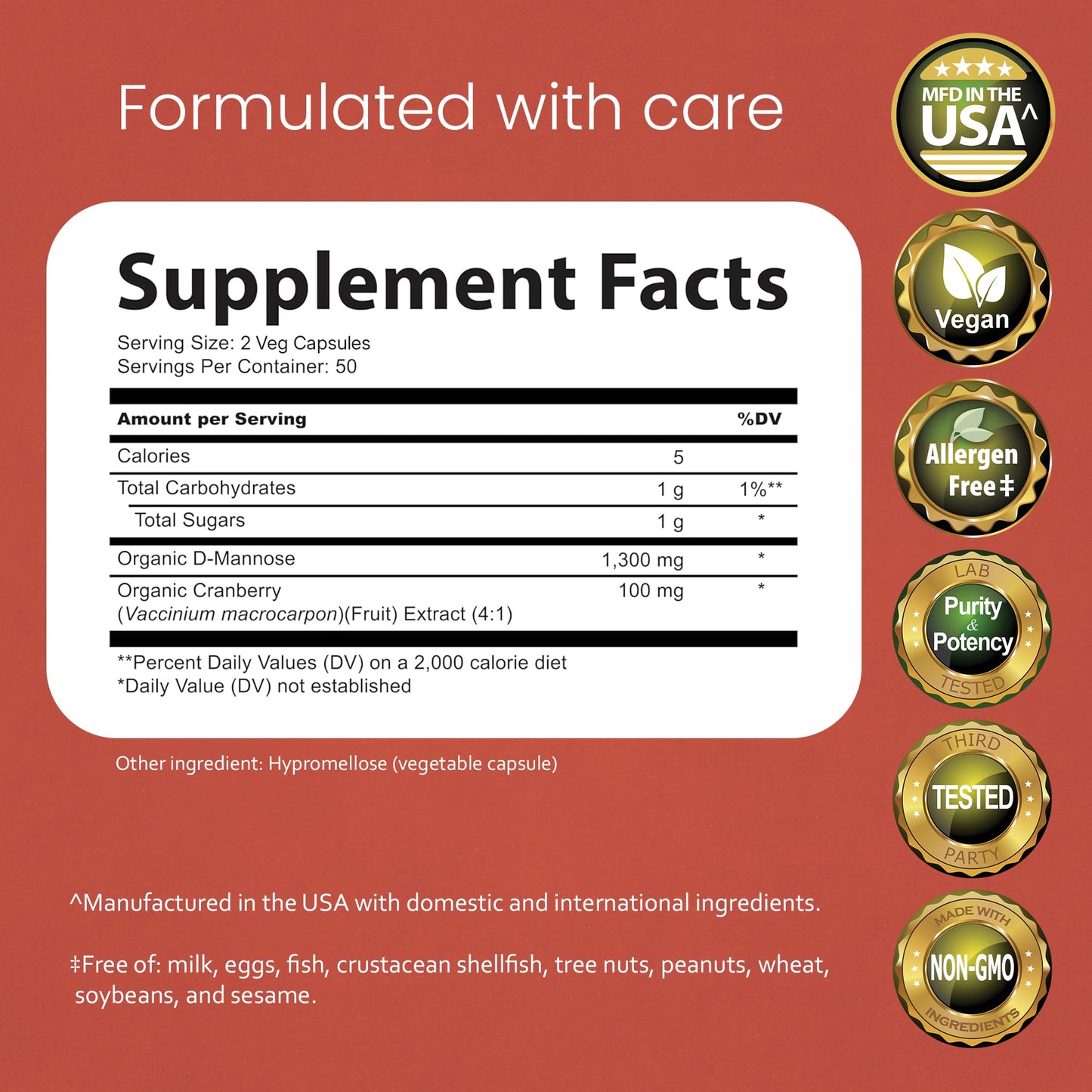 NaturaLife Labs Organic D-Mannose 1300 mg with Organic Cranberry Extract 100 mg per Serving – 100 Capsules – Non-GMO, Gluten-Free, Vegan - dailyvitalstore