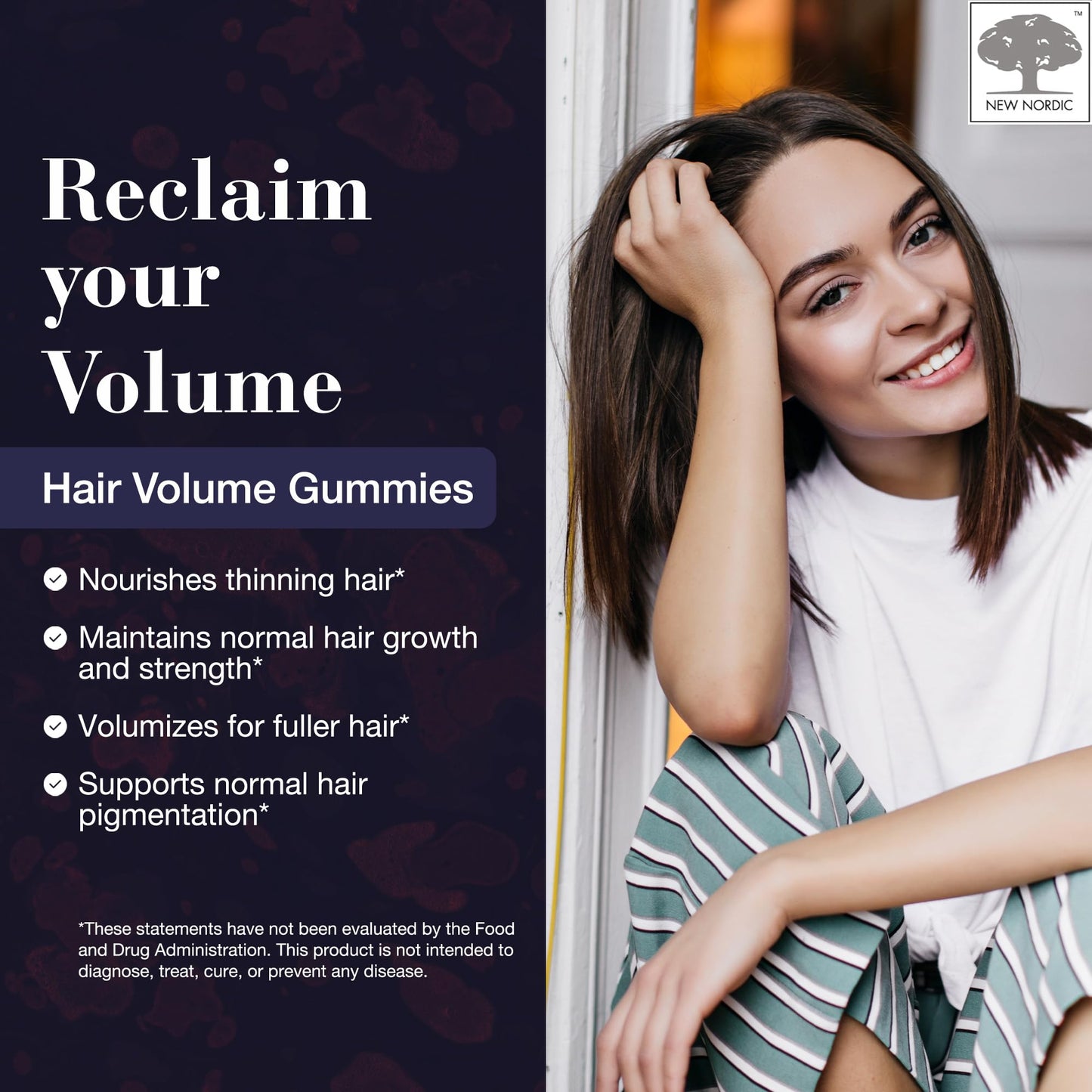 NEW NORDIC Hair Volume Gummies, 2500 mcg Biotin, Daily Hair Vitamins Supplement to Support Hair Skin & Nails, Vegan, 60 Count (Pack of 3) - dailyvitalstore