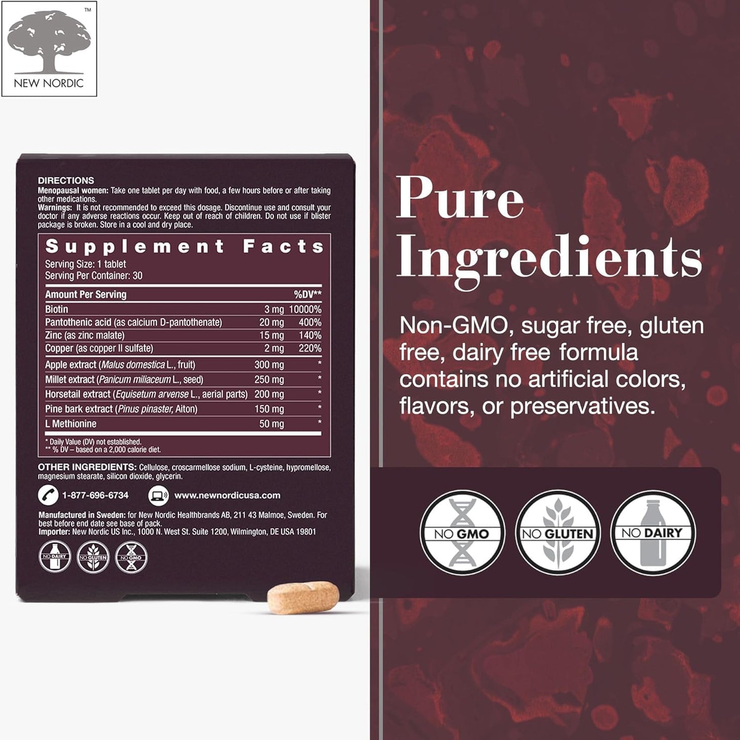New Nordic Hair Volume Menopause, Supports Healthy Hair Growth During and After Menopause, Pine Bark and Annurca Apple Extract, 30 Tablets - dailyvitalstore