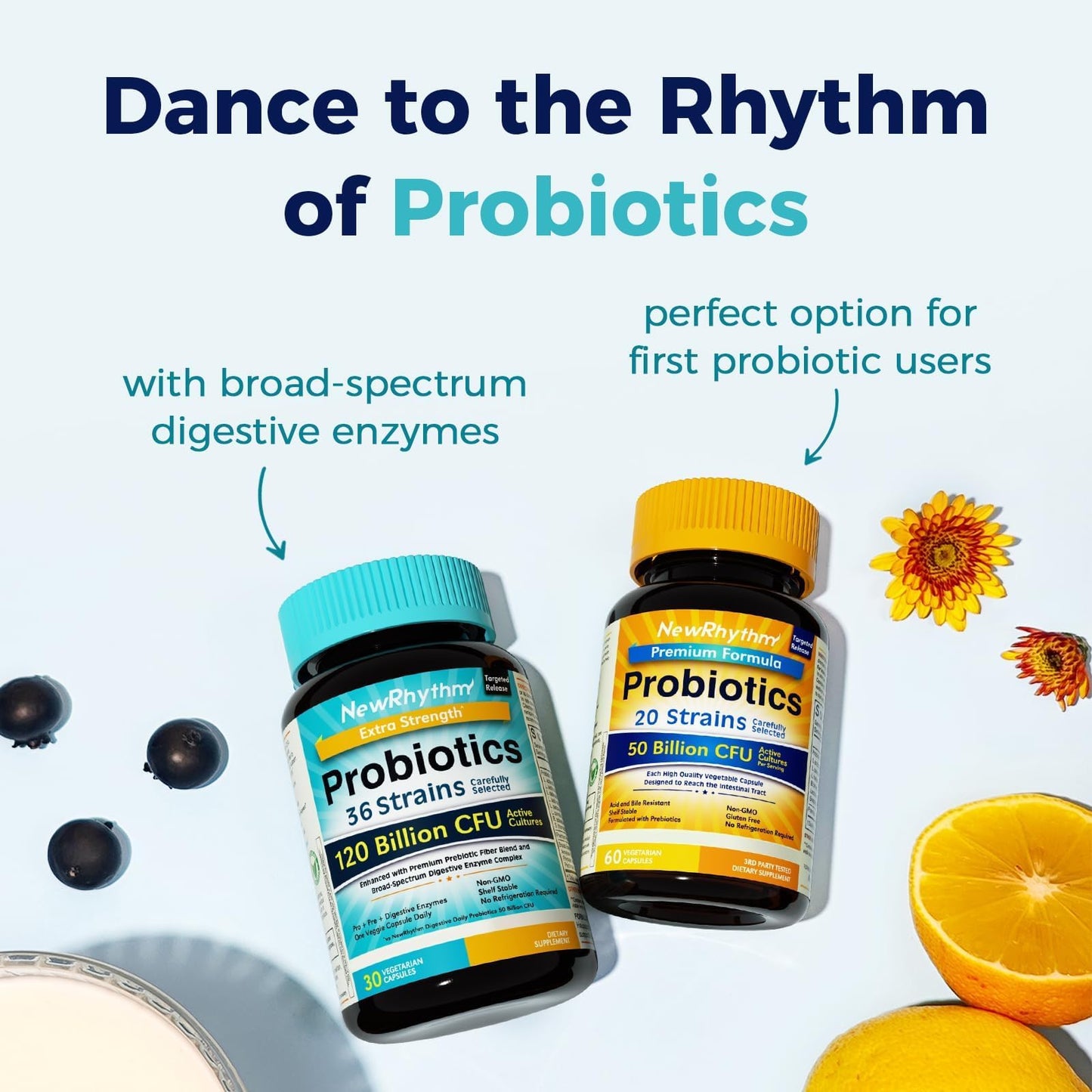 NewRhythm Probiotics 120 Billion CFU 36 Strains, 3-in-1 Probiotics with Prebiotics & Enzymes, Probioticos for Women & Men, - dailyvitalstore
