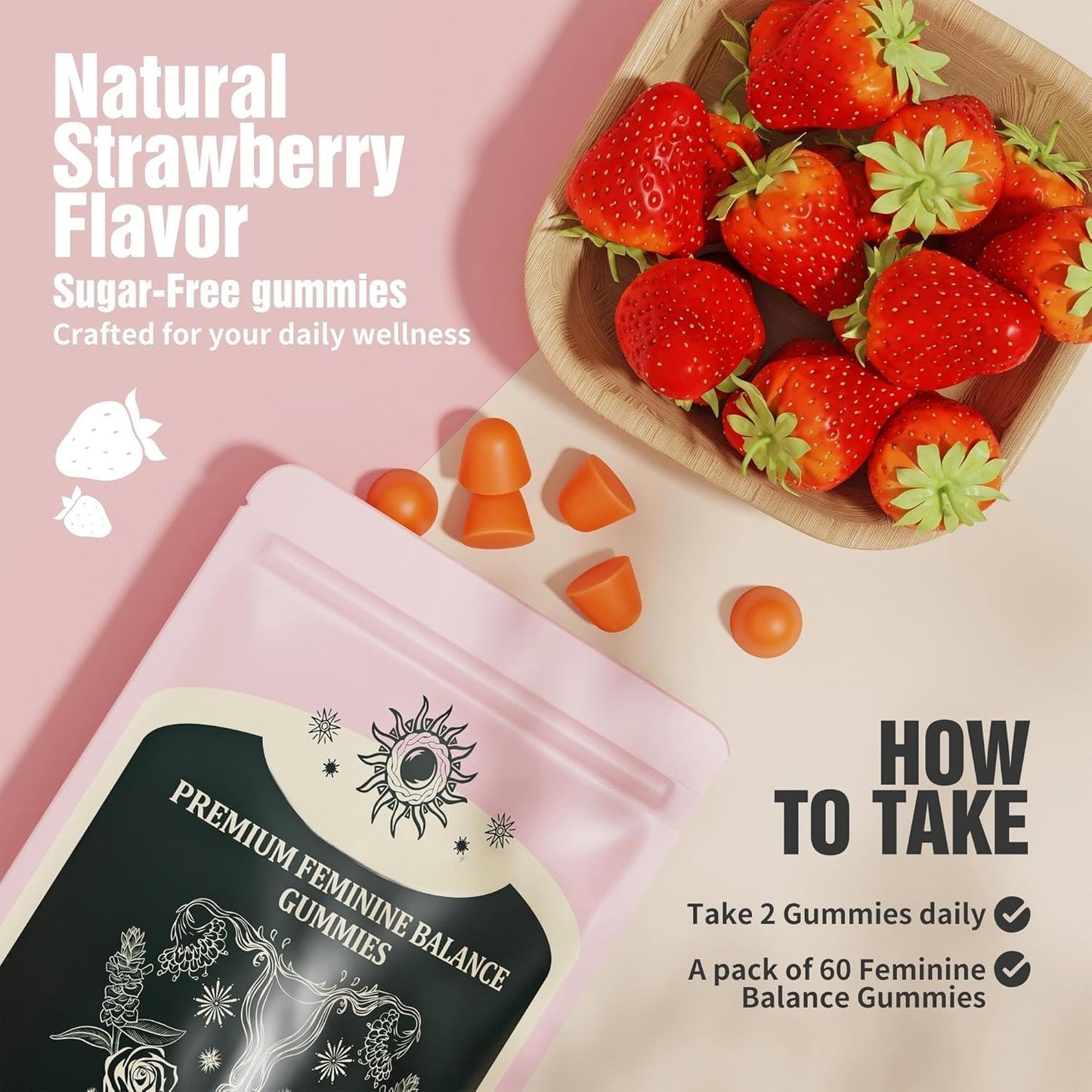 NIUSISE Feminine Balance Gummies, Premium Balance Supplement for Women PH Health, Immune Support, Energy Support, Vegan, Gluten-Free, Strawberry Flavor, - dailyvitalstore