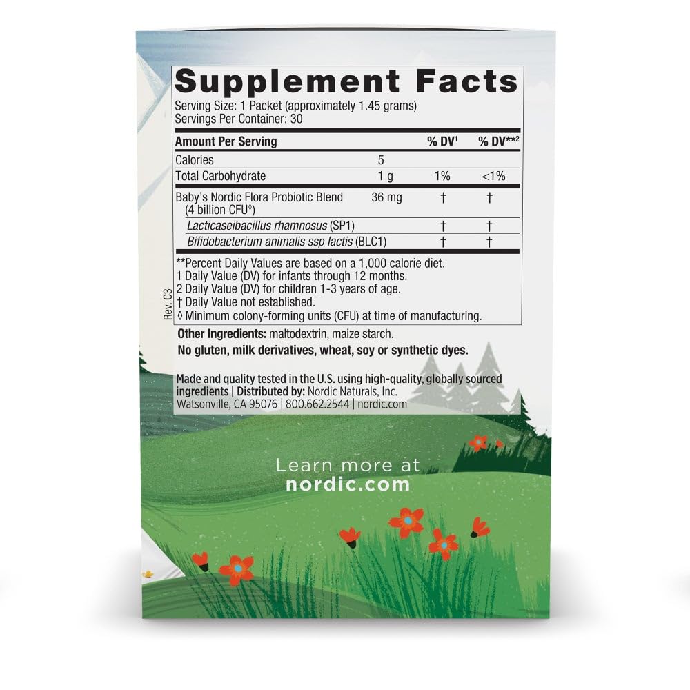 Nordic Naturals Baby’s Nordic Flora Probiotic Powder, Unflavored - 30 Packets - 4 Billion CFU - Digestive Health & Immune Support for Babies & Toddlers (6 Months to 3 Years) - 30 Servings - dailyvitalstore