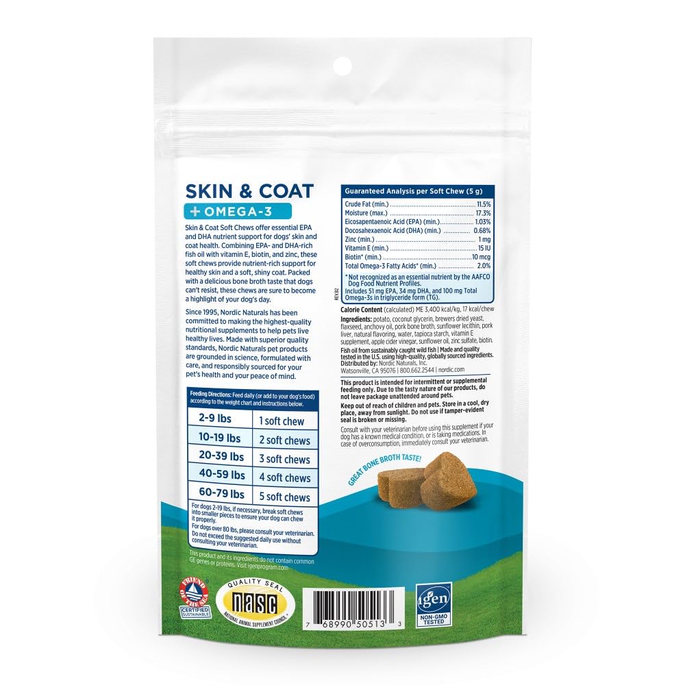 Nordic Naturals Pet Skin & Coat Soft Chews with Omega-3-30 Pork Bone Broth Flavored Soft Chews - Nutritional Support for Healthy Skin & a Soft and Shiny Coat - Non-GMO and IFOS Certified - dailyvitalstore
