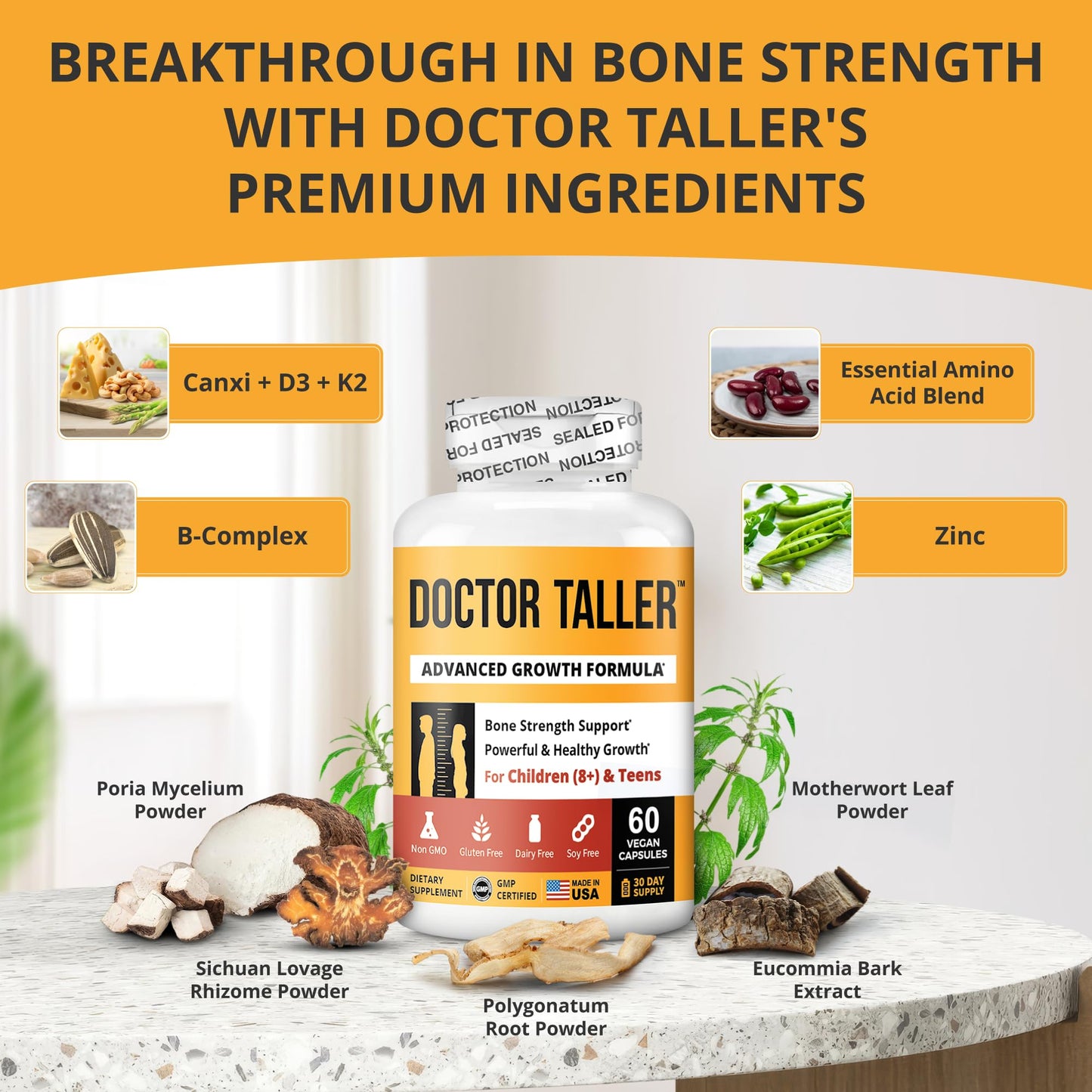 NuBest Doctor Taller - Bone Strength Supports, Enhance Immune System - Keto with Calcium, Vitamin D3, Vitamin K2, Amino Acids & Herbs for Children (8+) - 60 Vegan Capsules | 1 Month Supply - dailyvitalstore