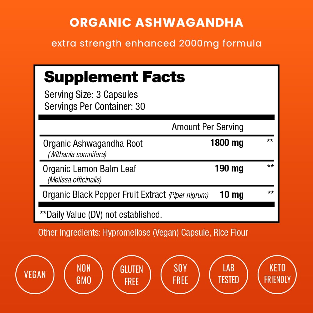 NutraChamps Organic Ashwagandha Capsules, 2000mg Adrenal Fatigue, Thyroid & Mood Support Ashwagandha Supplements, Ashwagandha Root Powder & Lemon Balm, Superior Absorption with Black Pepper - dailyvitalstore