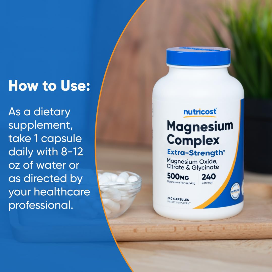 Nutricost Magnesium Complex 500mg, 240 Capsules - Magnesium Oxide, Citrate, and Glycinate - Gluten Free and Non-GMO - dailyvitalstore