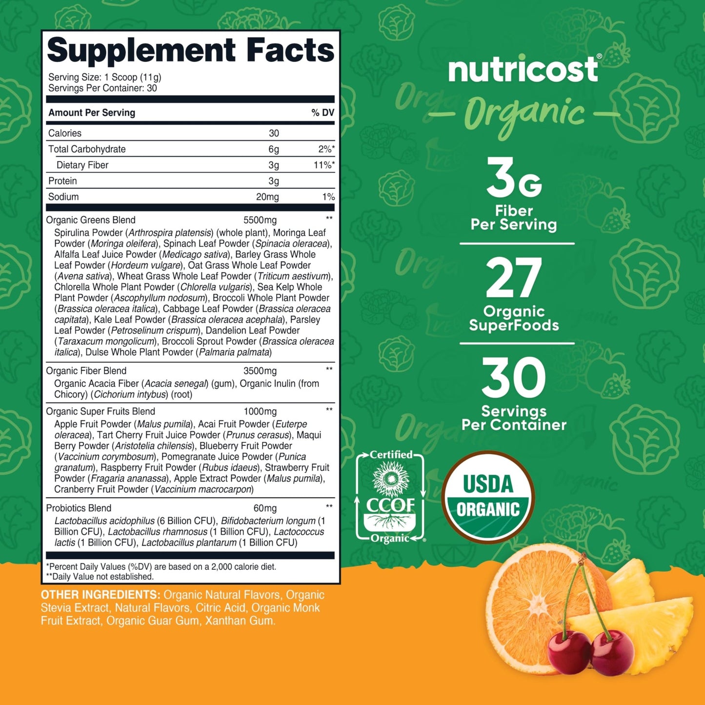 Nutricost Organic Super Greens Powder (30 Servings) Orange Sunrise Flavor - Superfood Supplement Drink Mix - dailyvitalstore