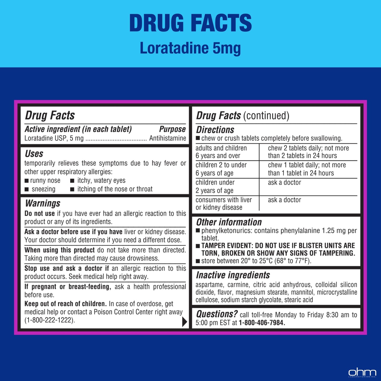 Ohm Children's Allergy Medicine, Loratadine 5mg, Chewable Tablets (30 Count) Bubblegum Flavor, Non-Drowsy Antihistamine, 24-Hour Allergy Relief for Runny Nose, Watery Eyes, Itchy Throat & Nose - dailyvitalstore
