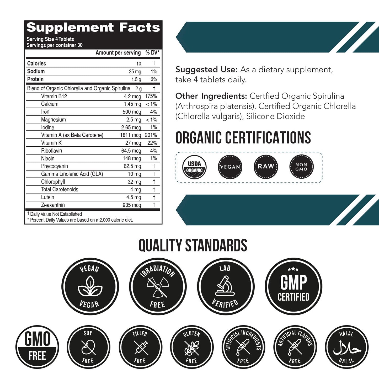 Organic Spirulina & Chlorella Tablets – 4 Organic Certifications, Raw, Non-Irradiated – 50/50 Blue Green Algae Blend – Antioxidant Content Equal to 5 Servings of Vegetables (120 Tablets) - dailyvitalstore