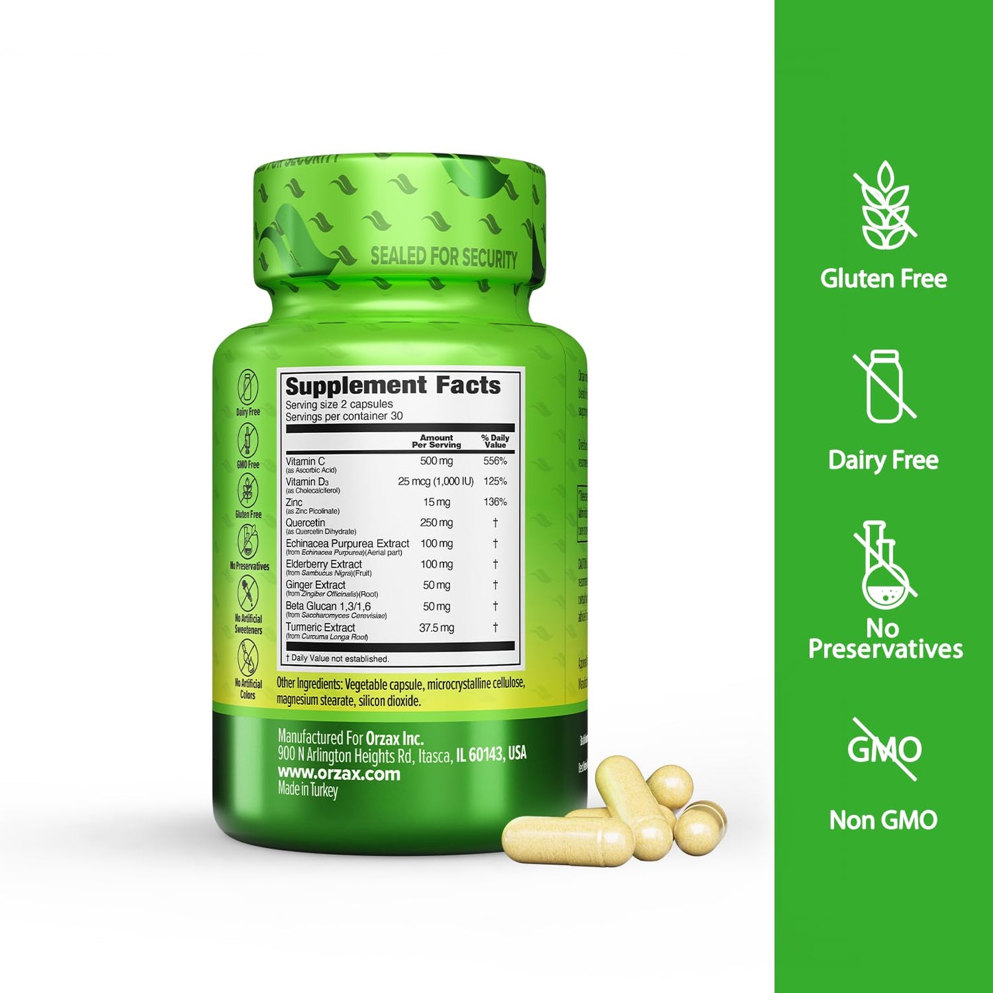 ORZAX 9 in 1 Immune Defense Booster Herbal Supplement, Specialized High Strength Formula - Vitamin C & D, Zinc, Quercetin, Turmeric & Ginger, Echinacea - Non-GMO - 60 Veggie Capsules - 30 Day Supply - dailyvitalstore