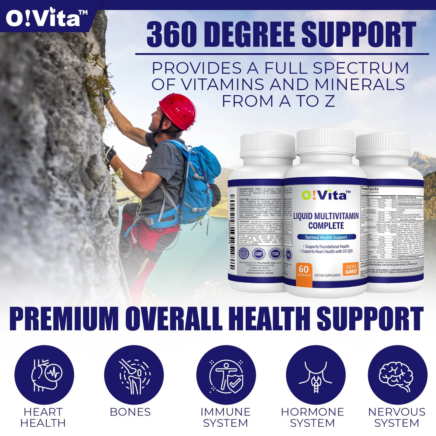 O!VITA Liquid Multivitamin Complete, with a Full Spectrum of Vitamins and Minerals, Plus 42 Fruits and Vegetable Proprietary Blend, Easy Absorption (60 Vegan Liquid Filled Capsules) - dailyvitalstore