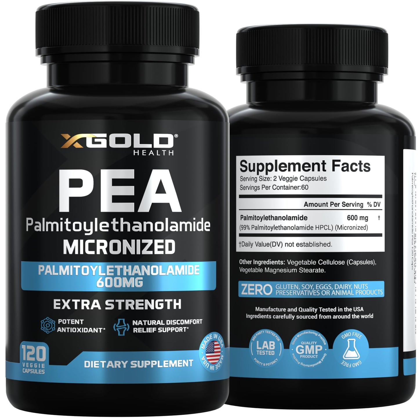 Palmitoylethanolamide Pea Supplement 600 mg | Micronized Pea 99% Highly Purified and Bioavailable | Made in USA | Supplement for Men and Women - 120 Capsules - dailyvitalstore