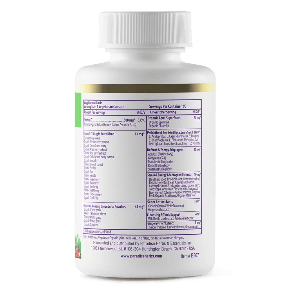 Paradise Herbs Earth's Blend Vitamin C with Nature's C and Adaptogens, Superfoods Base of Probiotics & Organic Alkalizing Greens, 90 Vegetarian Capsules - dailyvitalstore