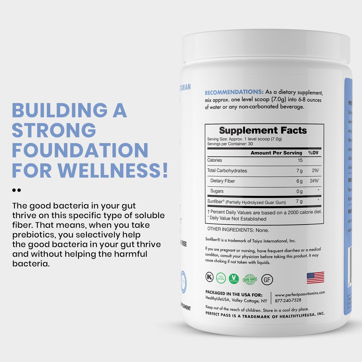 PERFECT PASS Prebiotic PHGG Partially Hydrolyzed Guar Gum 210g Powder - 100% Natural Gluten Free Non GMO - Certified Kosher Vegetarian Sugar Free - dailyvitalstore