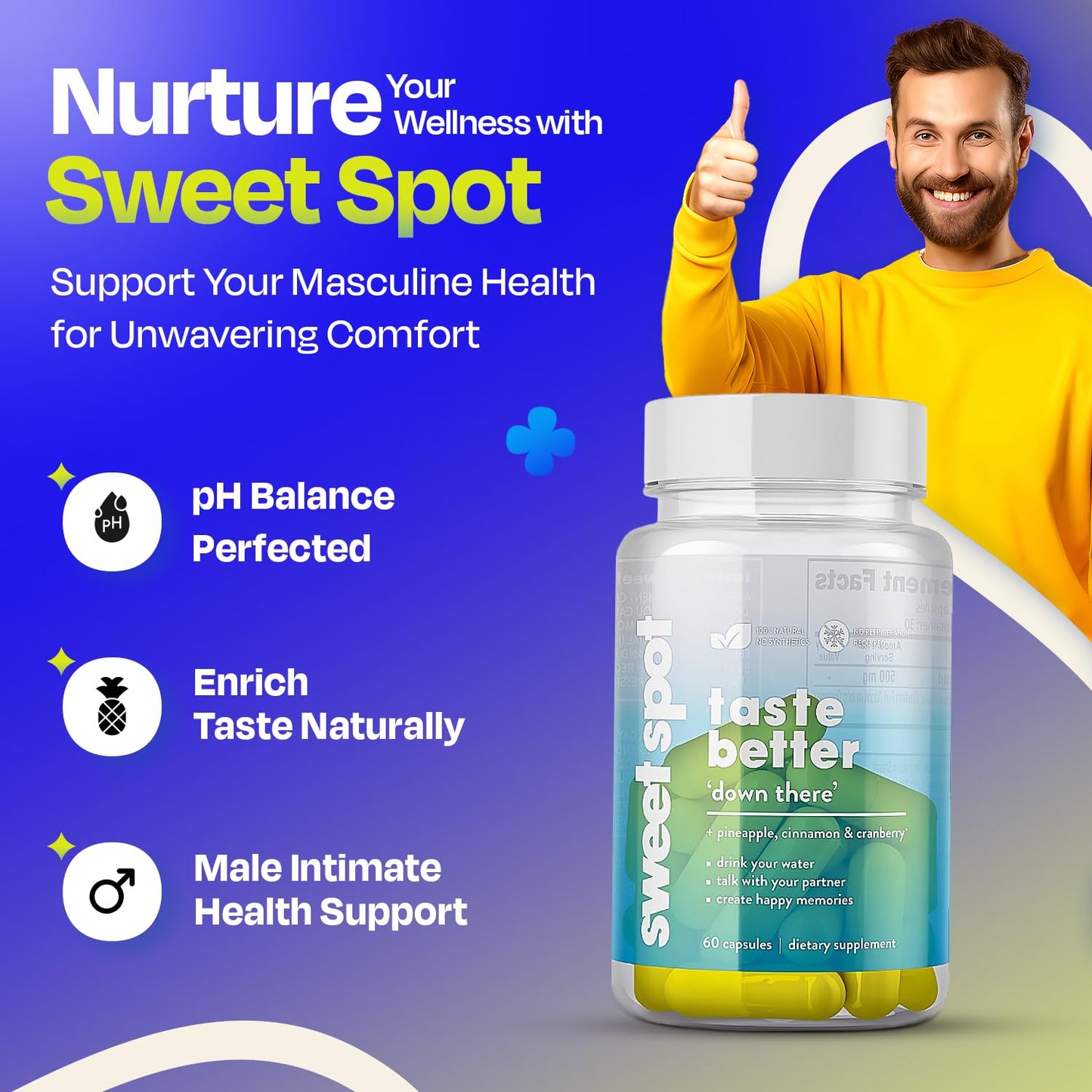 Pineapple Probiotics for Men – 625mg Sweet Spot Formula with Pineapple Extract, Cranberry & Cinnamon, Supports pH Balance & Freshens Taste, 60 Capsules, Made in the USA - dailyvitalstore