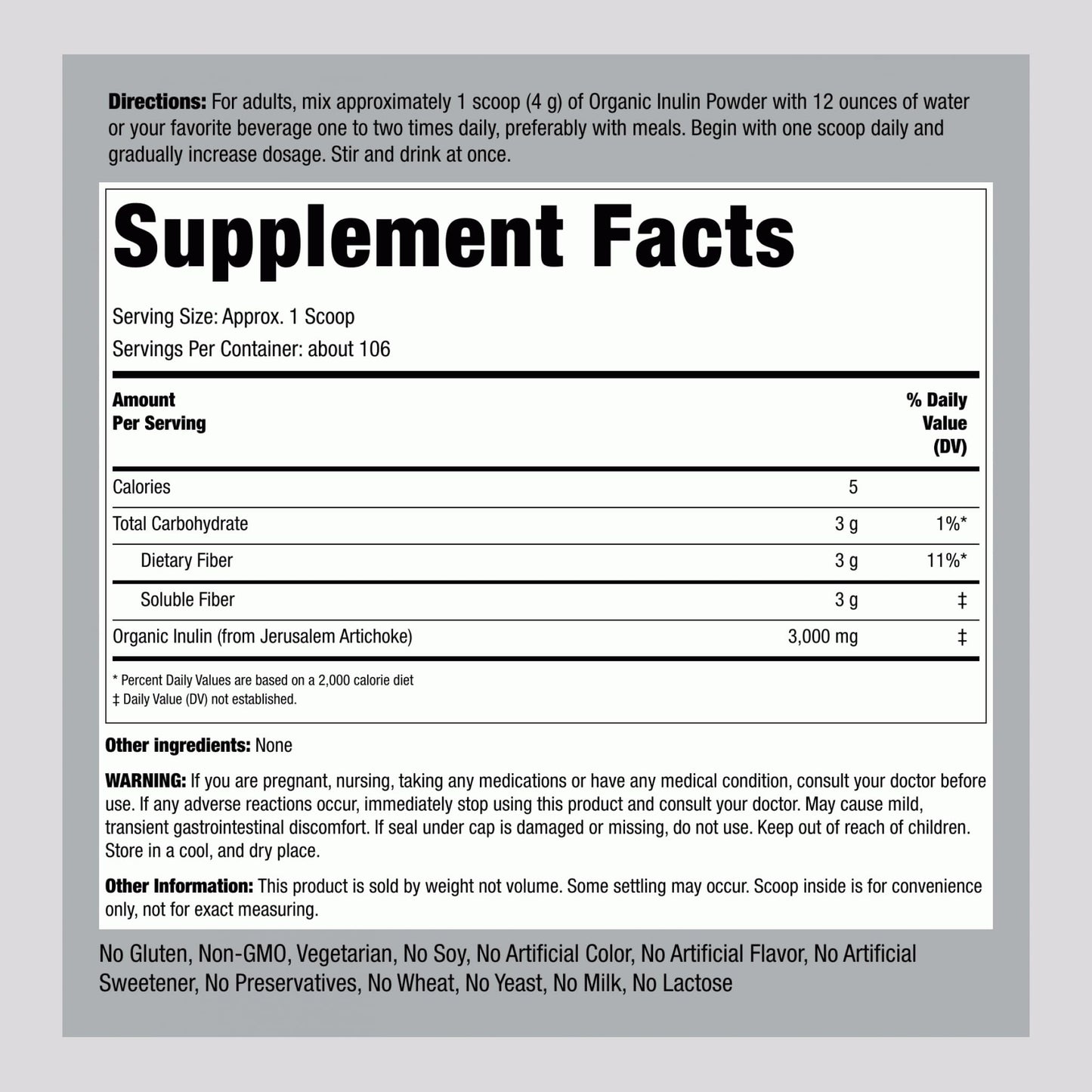 Piping Rock Organic Inulin Powder | 15 oz | Soluble Fiber Supplement | FOS Powder | Vegetarian, Non-GMO, Gluten Free - dailyvitalstore