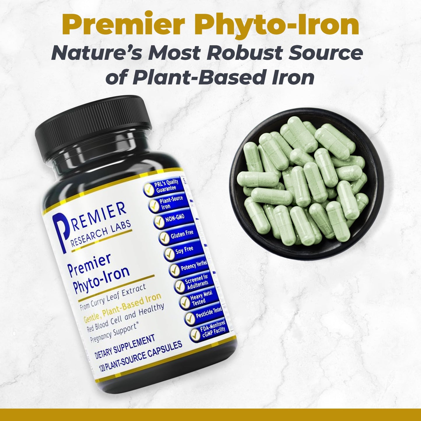 Premier Research Labs Phyto-Iron - Plant Based Iron for Men & Women for Blood Support, Curry Leaves Supplement, Iron Supplements, Non-Heme Iron, 18mg Iron Per Serving - 120 Vegetarian Capsules - dailyvitalstore