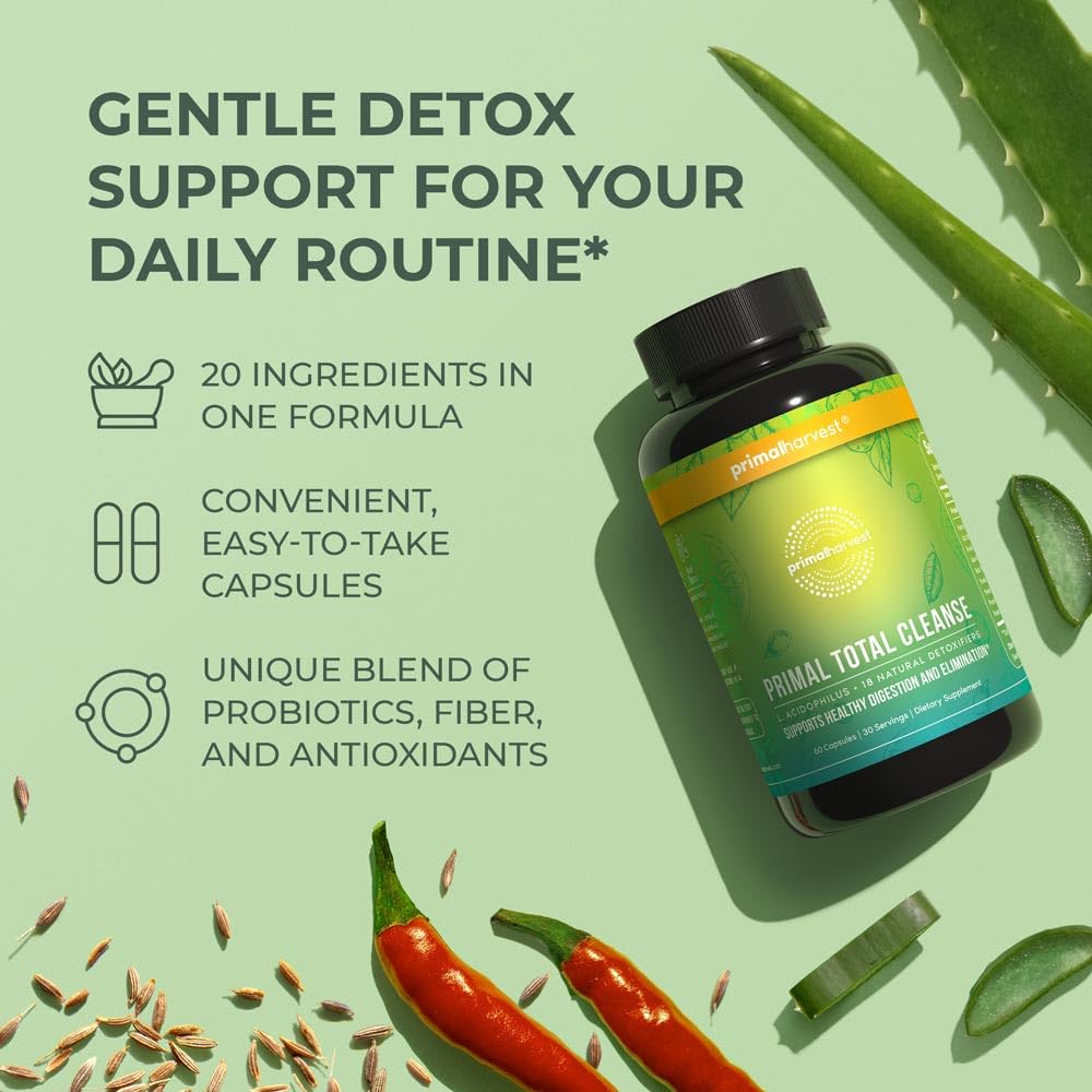Primal Harvest Full Body Detox Cleanse, Liver,Kidney,Gut,Bowel,Intestinal, & Stomach Cleanse, 60 Count Bottle - dailyvitalstore