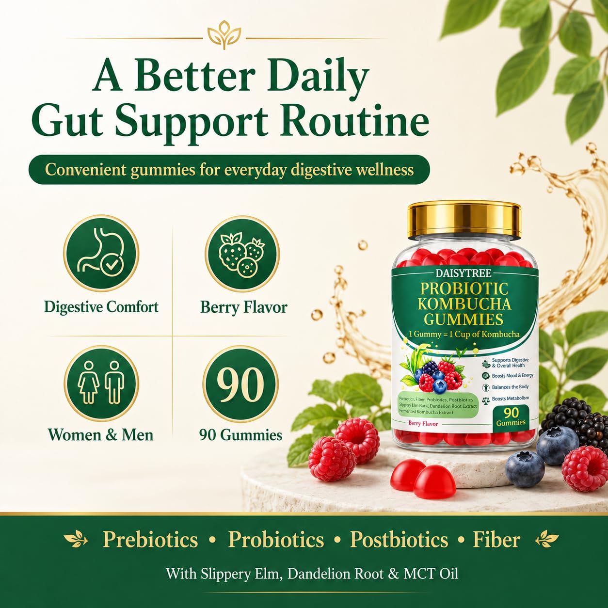 PRIMEHAVEN Probiotic Kombucha Gummies - Prebiotics, Probiotics, Postbiotics, Fiber Supplement, Slippery Elm, Dandelion Root, for Bloating, Gut Health - dailyvitalstore