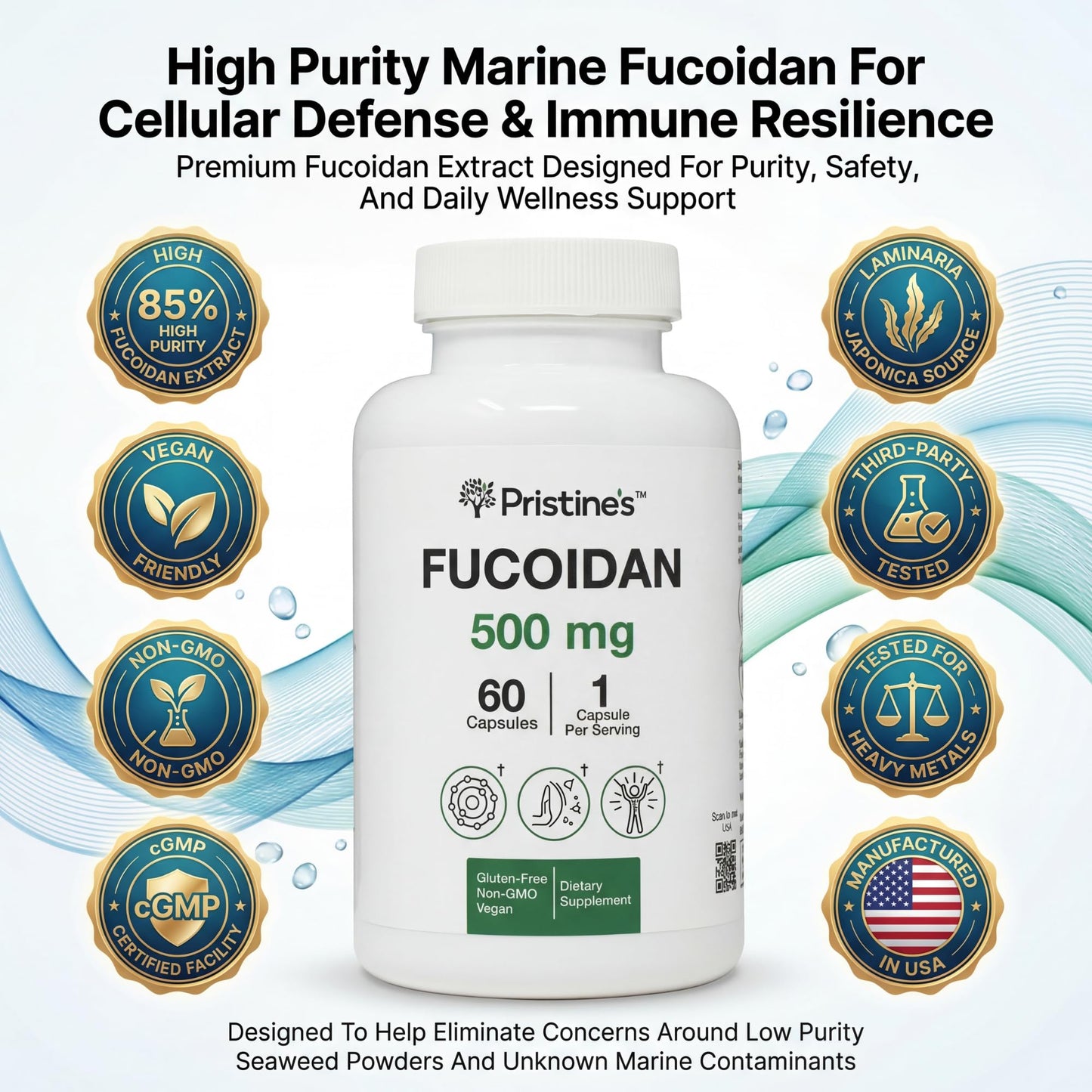 PRISTINE'S Fucoidan 500MG Immunity Supplement Capsules - 60 Day Supply - Brown Seaweed Extract - Potent Herbal Antioxidant Lung Health & Skin Health Support - dailyvitalstore